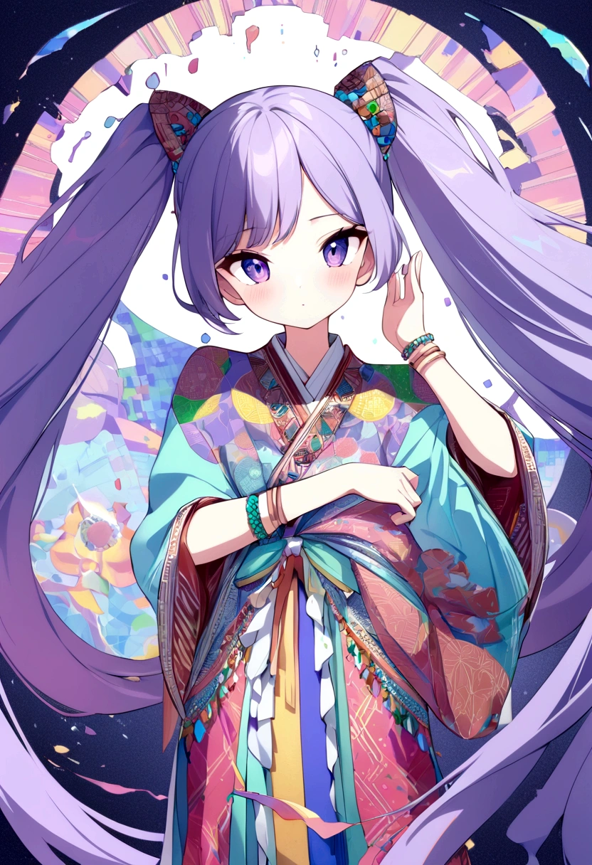 (absurdres, highres, ultra detailed), (1girl:1.3), twintails, purple hair, BREAK , glitch art, digital distortion, pixelated fragments, data corruption, colorful noise, visual chaos, contemporary aesthetics BREAK , enamel art, glass-like surface, vibrant colors, glossy finish, reflective textures, rich pigments, fluid forms BREAK , ethnic style, traditional clothing, vibrant patterns, handmade textiles, cultural motifs, beaded jewelry, artisanal accessories, like pose