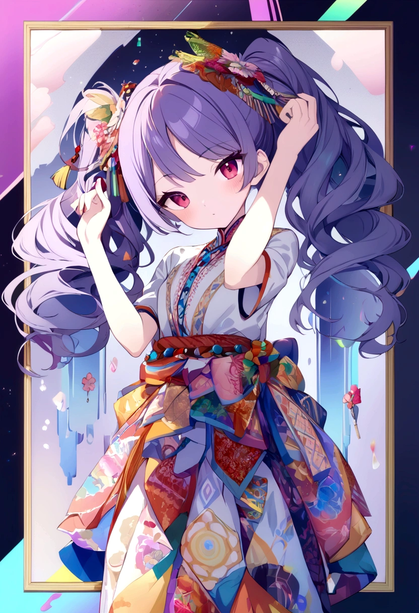 (absurdres, highres, ultra detailed), (1girl:1.3), twintails, purple hair, BREAK , glitch art, digital distortion, pixelated fragments, data corruption, colorful noise, visual chaos, contemporary aesthetics BREAK , enamel art, glass-like surface, vibrant colors, glossy finish, reflective textures, rich pigments, fluid forms BREAK , ethnic style, traditional clothing, vibrant patterns, handmade textiles, cultural motifs, beaded jewelry, artisanal accessories, like pose