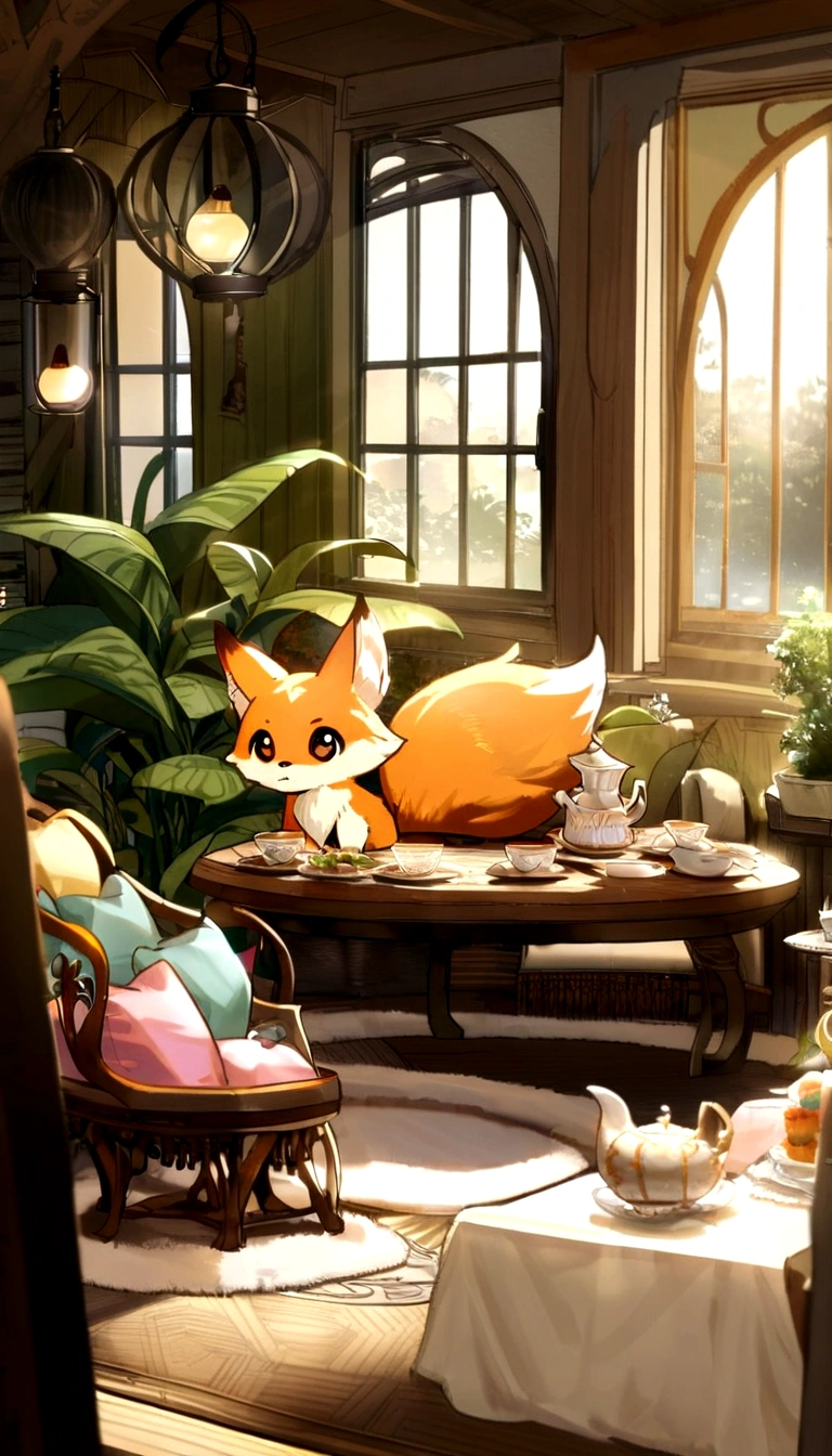Anime character Little cute fox girl , Big room, A day, Fantasy Treehouse, The room was full of properties, Gibly studio style, Intricate golden fur, Beautiful and big eyes, Warm room with back view of anime characters, Sit in front of a warm brazier, Comfortable room with fur carpet, high tea, Plants on the dining table, Soft light through the windows
