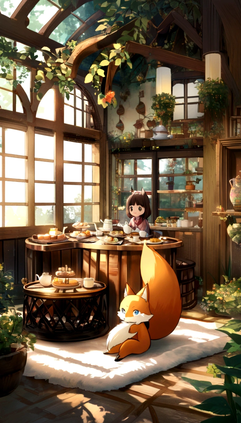 Anime character Little cute fox girl , Big room, A  day, Fantasy Treehouse, The room was full of properties, Gibly studio style, Intricate golden fur, Beautiful and big eyes, Warm room with back view of anime characters, Sit in front of a warm brazier, Comfortable room with fur carpet, high tea, Plants on the dining table, Soft light through the windows