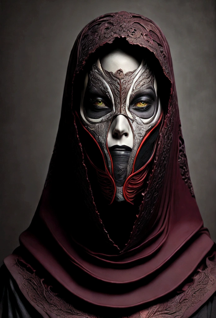 Tiro de medio cuerpo, hyperrealism photography, Beautiful model with avant-garde gelatin xenomorphic nun mask, cubierto de sangre, Renderizado de octanaje