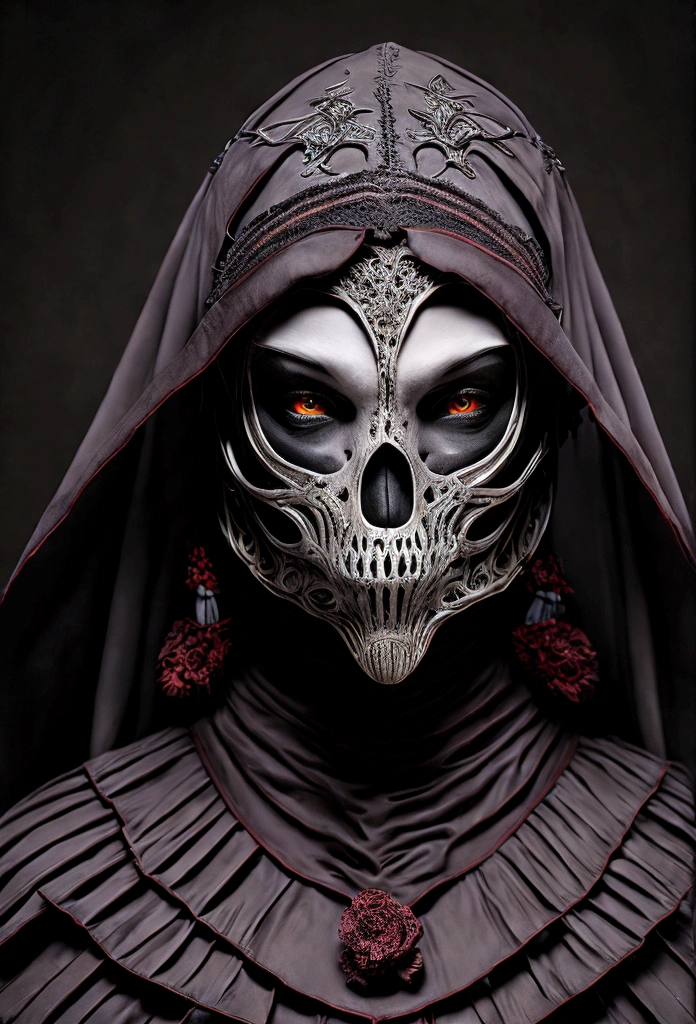 Tiro de medio cuerpo, hyperrealism photography, Beautiful model with avant-garde gelatin xenomorphic nun mask, cubierto de sangre, Renderizado de octanaje