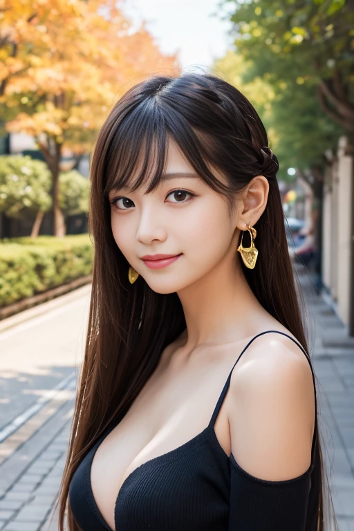 masterpiece、highest quality、(Highly detailed CG Unity 8k wallpaper)(highest quality)、(Best illustrations)、(Best Shadow) Garden Terrace、The season is summer、smile:1.1、Tree-lined avenue in autumn、woman、Gravure pose、Expressions using radiosity、Photorealistic、Upper body close-up、Hair color is black、Japan at 25、tight knit dress、cleavage 、Earrings、ponytail、braided bangs、Off the shoulder