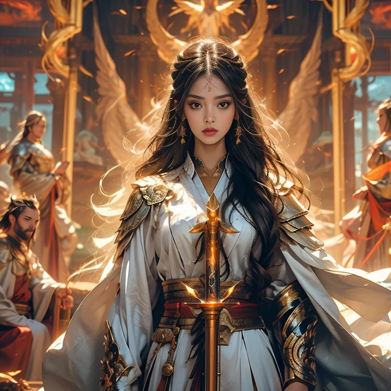 Um arcanjo com espada flamejante,Being angelic,figura heroica e majestosa,Long flowing hair,lindas asas detalhadas,armadura brilhante,luz dourada brilhante(areola),brilho celestial,Chamas carmesim e laranja,Inferno em chamas,poder divino,Ethereal presence,fundo celestial,sagrado e poderoso,supernatural force,Energia milagrosa,Labareda,Espada brilhante,majestoso e inspirador,divine intervention,postura poderosa, intense stare,fiery determination,breathtaking colors,guerreiro celestial,hell on the rise,Angelic Guardian,omnipotent force,Flaming weapon of justice and protection,reino celestial,Fogo e Luz se fundindo em harmonia,Beleza transcendente,brilho divino,Brilho deslumbrante,Burning Passion,powerful divine presence,Revelation and transformation,Divine Purpose,entrada majestosa,intense and unforgettable,glorious display of power,mythical and legendary,Sentinela Celestial,dynamic and captivating,Flaming wings of justice,Chama Eterna.