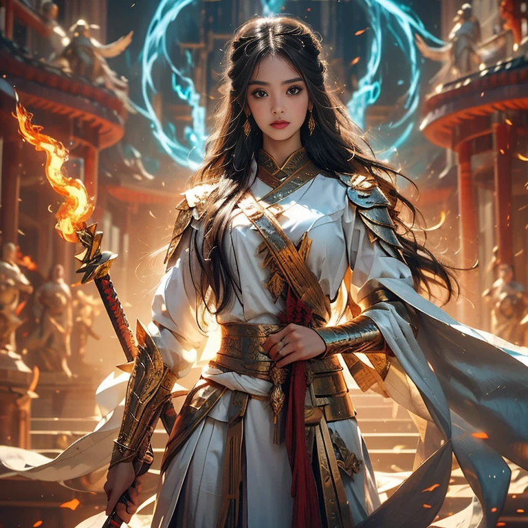 Um arcanjo com espada flamejante,Being angelic,figura heroica e majestosa,Long flowing hair,lindas asas detalhadas,armadura brilhante,luz dourada brilhante(areola),brilho celestial,Chamas carmesim e laranja,Inferno em chamas,poder divino,Ethereal presence,fundo celestial,sagrado e poderoso,supernatural force,Energia milagrosa,Labareda,Espada brilhante,majestoso e inspirador,divine intervention,postura poderosa, intense stare,fiery determination,breathtaking colors,guerreiro celestial,hell on the rise,Angelic Guardian,omnipotent force,Flaming weapon of justice and protection,reino celestial,Fogo e Luz se fundindo em harmonia,Beleza transcendente,brilho divino,Brilho deslumbrante,Burning Passion,powerful divine presence,Revelation and transformation,Divine Purpose,entrada majestosa,intense and unforgettable,glorious display of power,mythical and legendary,Sentinela Celestial,dynamic and captivating,Flaming wings of justice,Chama Eterna.