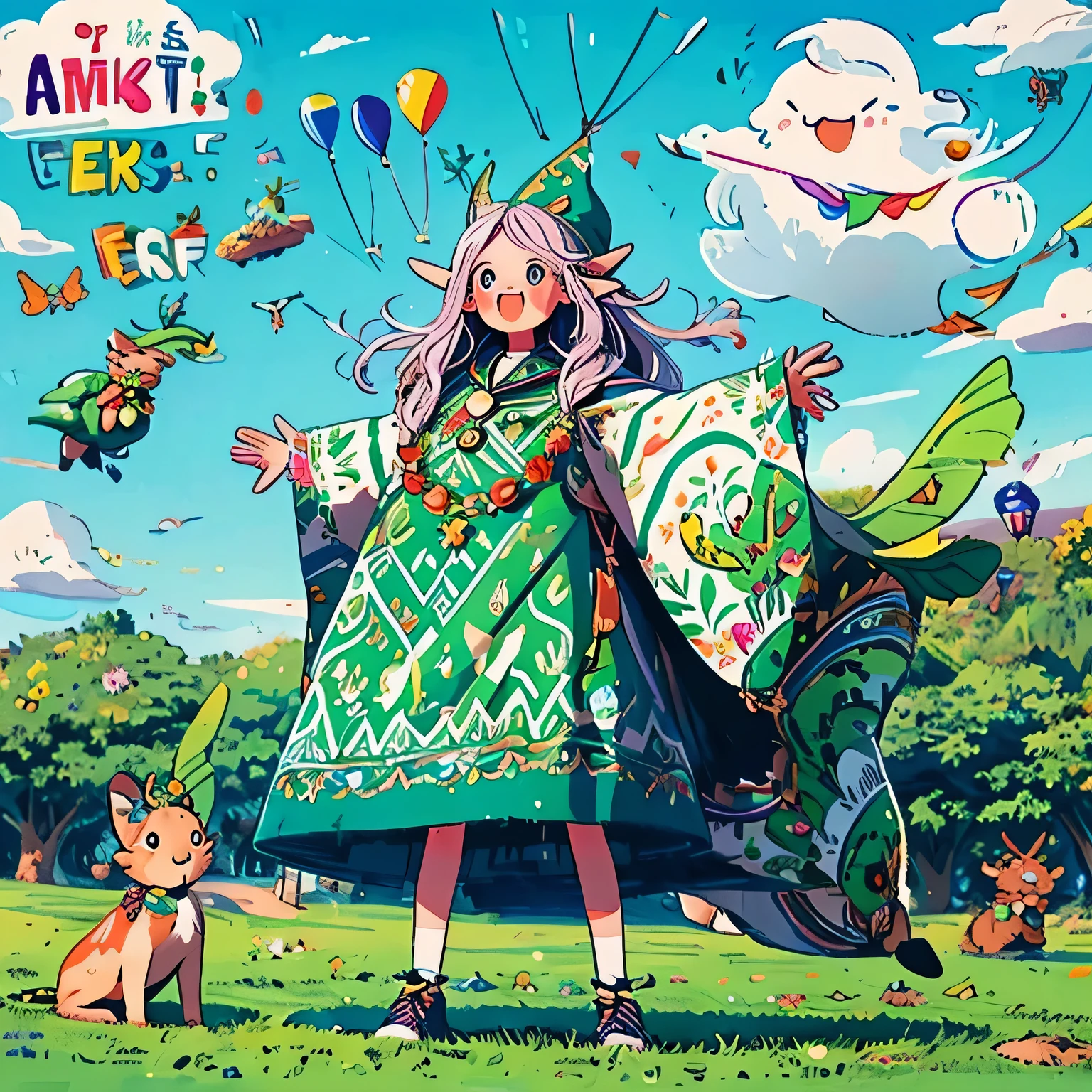 The poster is mainly based on rural green, Digital elves are presented one by one,They behave more like lively and cheerful children.,I hope you can regenerate it based on my previous statement:A blue sky、White Cloud、sun、Lawn on a sunny day,There are many digital elves in this picture.,They sing or dance,Lying or standing,Some are playing on the lawn,Some are whispering,Some are flying kites,It turns out that the kite is a digital elf,There are digital elves hiding in the clouds,There is a digital elf on an apple tree on the lawn, stealing apples. A bitten apple is about to hit the sleeping digital elf.,The little red sun in the sky is actually the digital elf "0"(Require,Digital Elf only has 0、1、2、3、4、5、6、7、,Each sprite will appear only once,4k,Ultra HD