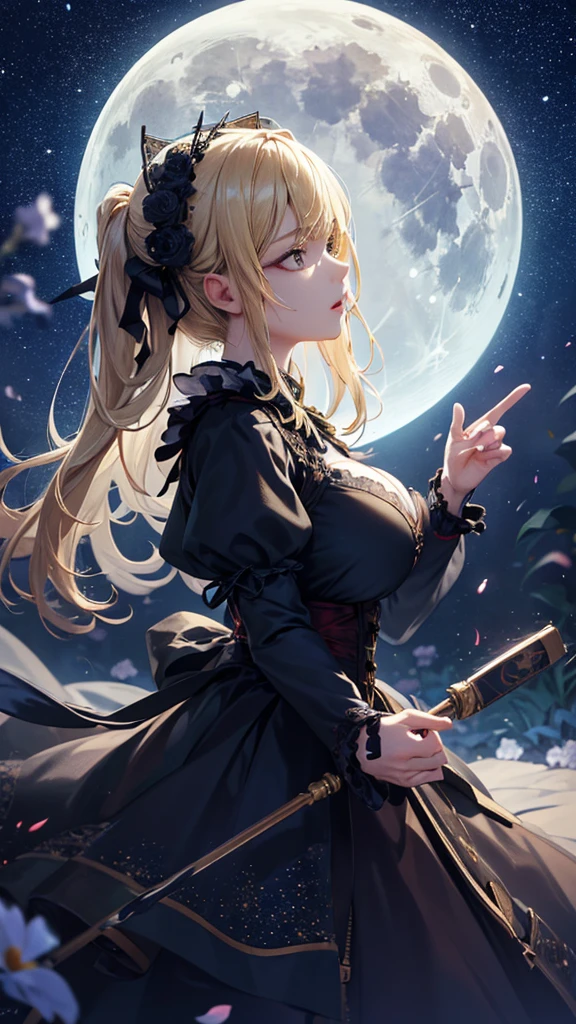 masterpiece, high quality, 4K, Beautiful design, silhouette,blonde, 非常に詳細な夜のStarry Sky,Flower Field, wonderful, Finer details, Very knowledgeable woman, Highly detailed solo, 1 female,Big Breasts,Gothic ta Fashion,Night view,Starry Sky,full moon,