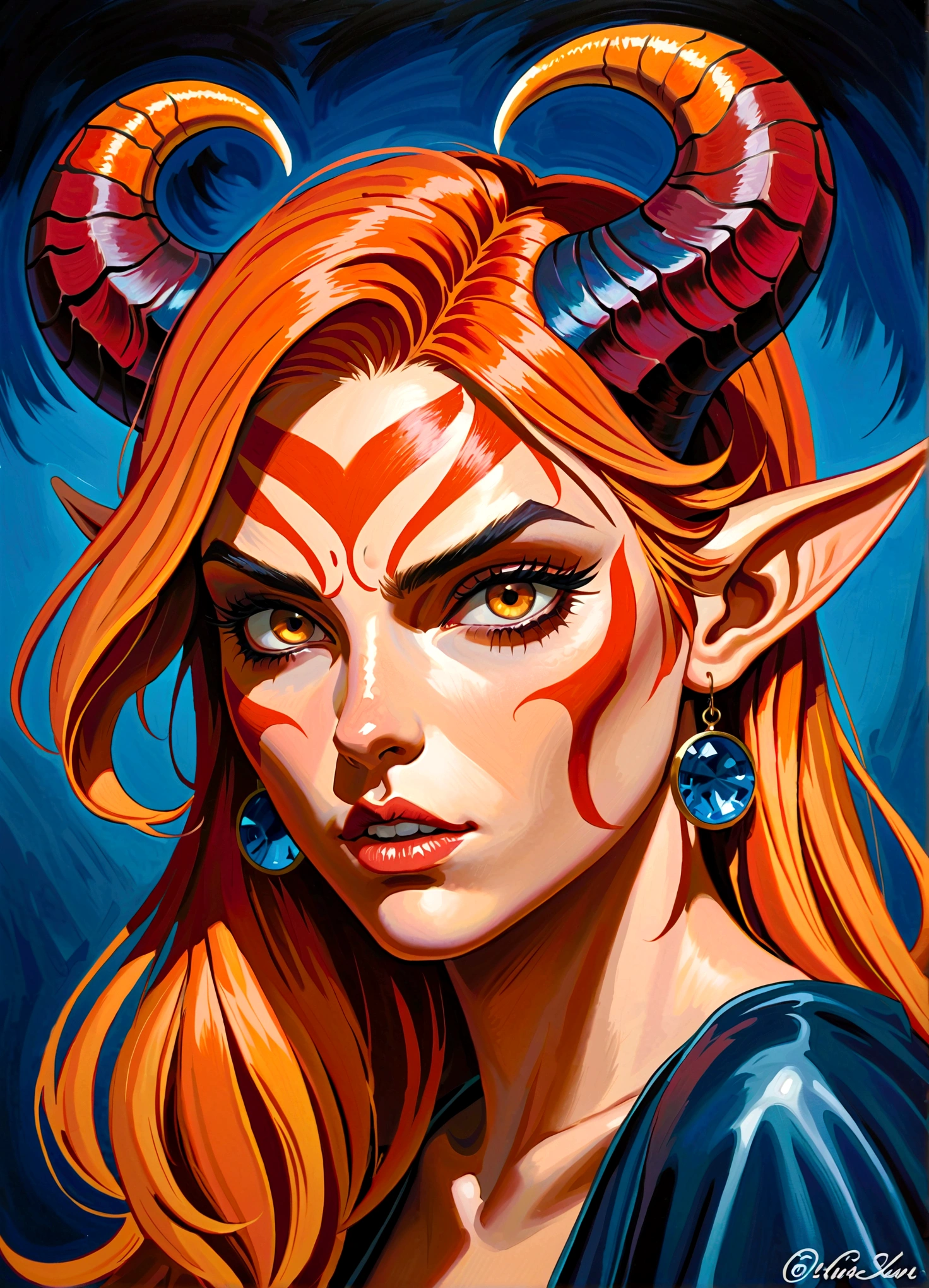 (((masterpiece))), (((best quality: 1.4))), ((Super Detail: 1.4)) , An extremely detailed gouache painting of a female tiefling, Disgusted look, angry, anger, Gorgeous exotic style, Amber neon eyes:1.5, Orange Hair, Extremely detailed facial features, Expressive face, Detailed texture, Blue skin tone, Tattoo, Natural Skin Shader, Volumetric method, Warm undertones in the skin, Ultra-high resolution