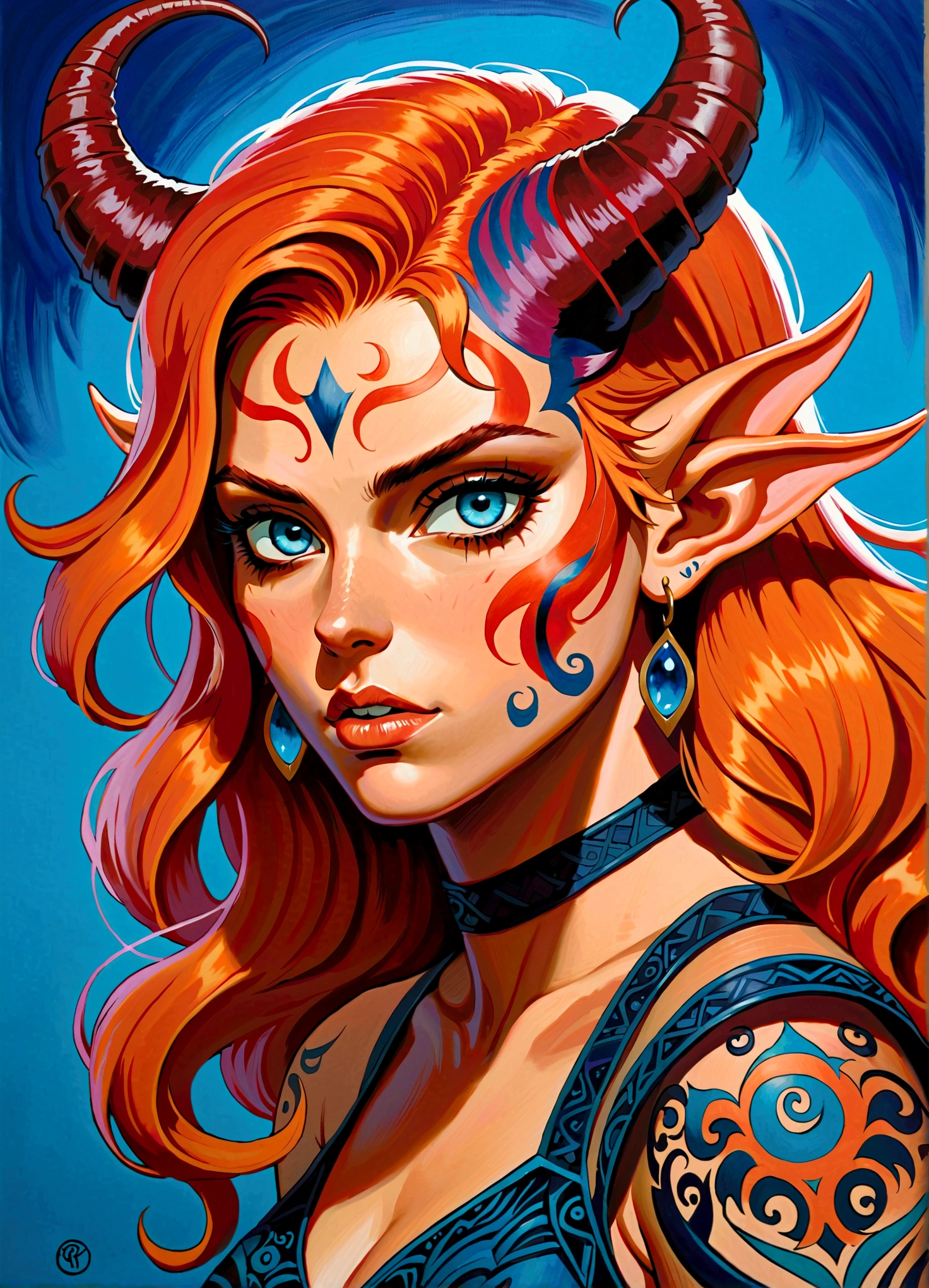 (((masterpiece))), (((best quality: 1.4))), ((Super Detail: 1.4)) , An extremely detailed gouache painting of a female tiefling, Disgusted look, angry, anger, Gorgeous exotic style, Amber neon eyes:1.5,  Orange Hair, Extremely detailed facial features, Expressive face, Detailed texture, Blue skin tone, Tattoo, Natural Skin Shader, Volumetric method, Warm undertones in the skin, Ultra-high resolution