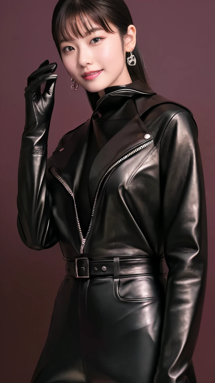 black leather rider jacket, , Black leather gloved fingertips on both hands,Wearing black leather gloves,Sitting in a black leather chair、 Japanese female new recruits (Black leather gloves cover both hands) (The angle is horizontal)、Black Leather Pants,Black Leather Black Leather Pants,Black Leather Skinny Pants、Long black leather boots on both feet、((He wears black leather gloves on his hands))Full Body Photo,full body shot full body full body leather suit,☺If you turn in this direction。Wearing black leather gloves,Wearing black leather gloves,Wearing black leather gloves,Wearing black leather gloves,Wearing black leather gloves,Wearing black leather gloves,黒のレザーパンツが美しい😍黒のレザーパンツが美しい😍黒のレザーパンツが美しい,😍Smiling while looking at me,City lights、Life-size (Neon Light)、Detailed lighting Best image quality、Ultra-high resolution、(realism:1.4)、Japanese Beauty Star、The most beautiful JPOP stars、face、Horny Korean Makeup、A body that makes you want to touch it、Realistic leather texture、Costume made of smooth leather fabric、The drape of the curved parts of the leather fabric、The costume is very shiny、Quality of the costume、8K photo