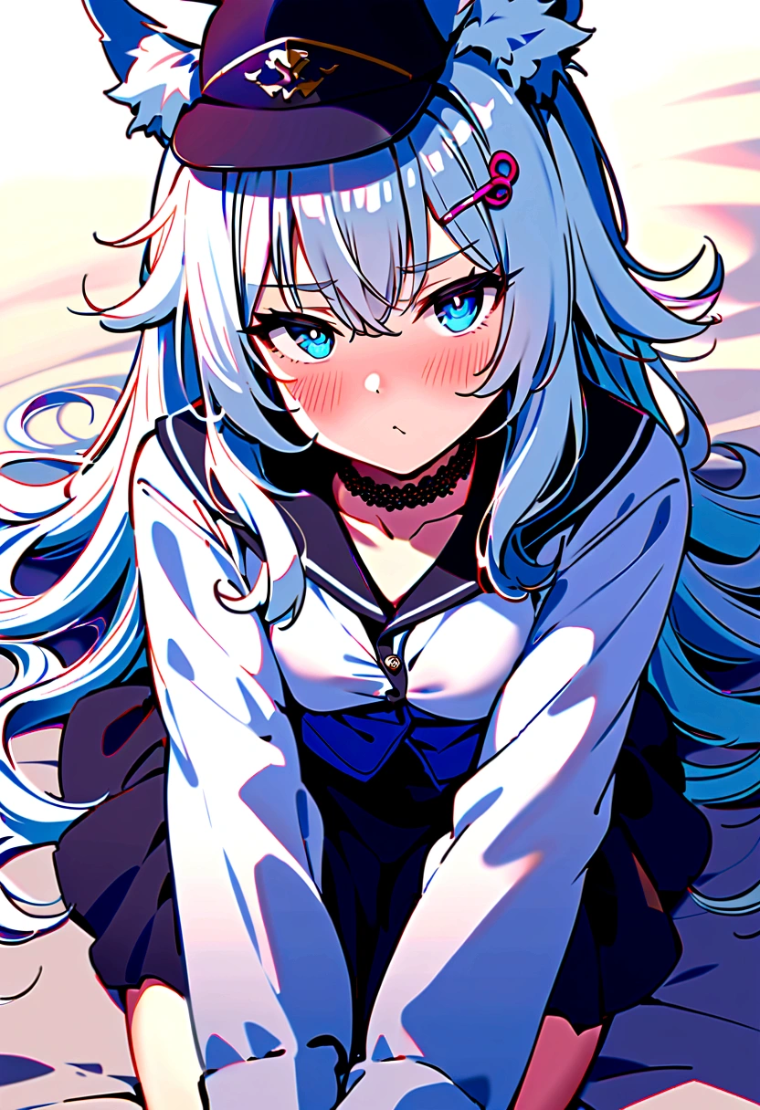 (1girl), ((mature women)), (solo), ((blue eyes)), squinted eyes, ((long hair)), ((white hair)), (wolf ears), (messy hair), headwear, (hair clips), face blush, ((pouting expression)), arms at side, choker, (white jacket), (black skirt), ((lying position:1.5)), bedroom, female focus, ((medium breasts)), ((medium thighs))