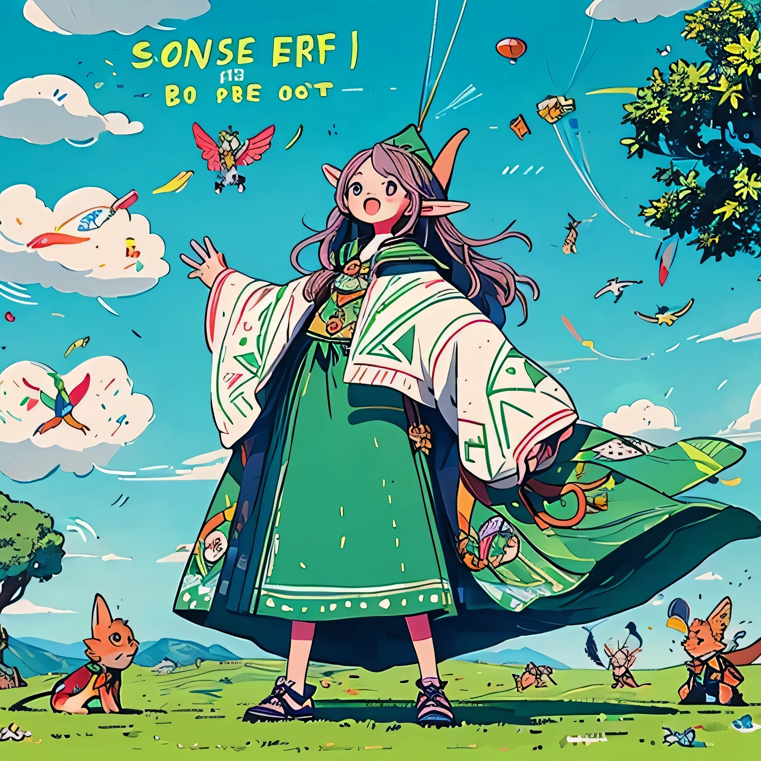 The poster is mainly based on rural green， Digital elves are presented one by one，They behave more like lively and cheerful children.，I hope you can regenerate it based on my previous statement:A blue sky、White Cloud、sun、Lawn on a sunny day，There are many digital elves in this picture.，They sing or dance，Lying or standing，Some are playing on the lawn，Some are whispering，Some are flying kites，It turns out that the kite is a digital elf，There are digital elves hiding in the clouds，There is a digital elf on an apple tree on the lawn, stealing apples. A bitten apple is about to hit the sleeping digital elf.，The little red sun in the sky is actually the digital elf &quot;0&quot;(Require，Digital Elf only has 0、1、2、3、4、5、6、7、，Each sprite will appear only once，4k，Ultra HD