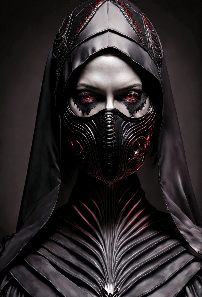 Tiro de medio cuerpo, hyperrealism photography, Beautiful model with avant-garde gelatin xenomorphic nun mask, cubierto de sangre, Renderizado de octanaje. gimp bondage outfit latex black. dark art