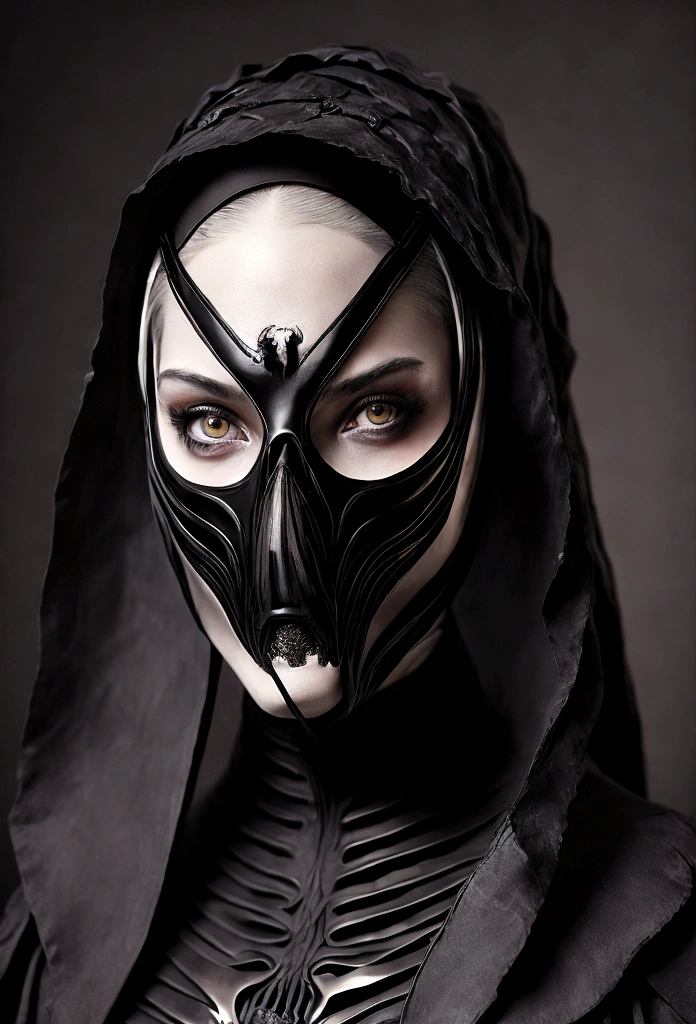 Tiro de medio cuerpo, hyperrealism photography, Beautiful model with avant-garde gelatin xenomorphic nun mask, cubierto de sangre, Renderizado de octanaje. gimp bondage outfit latex black. dark art