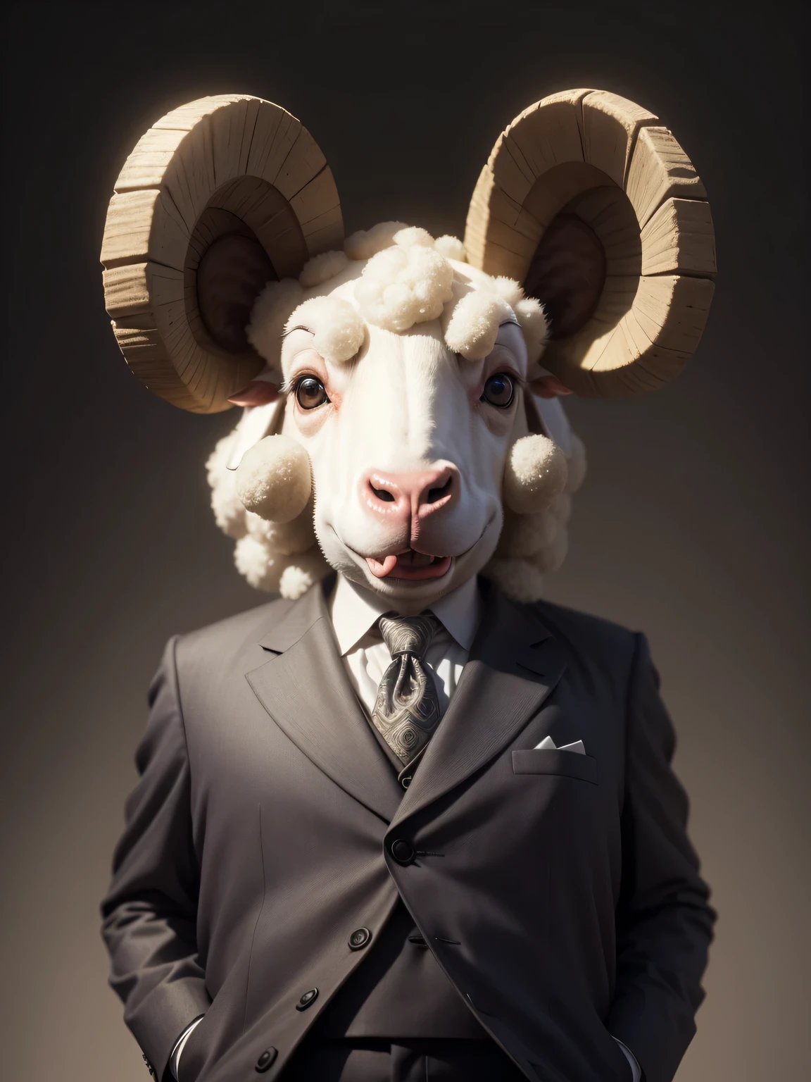 anthropomorphic sheep, dressed in a suit, sticking out tongue, roomlighting, Cinematic, hdr, primitive, Intricate, High quality, smoothing tones, Intricate details, Low contrast,(viewed from side:1.2, looking at viewer, simple background