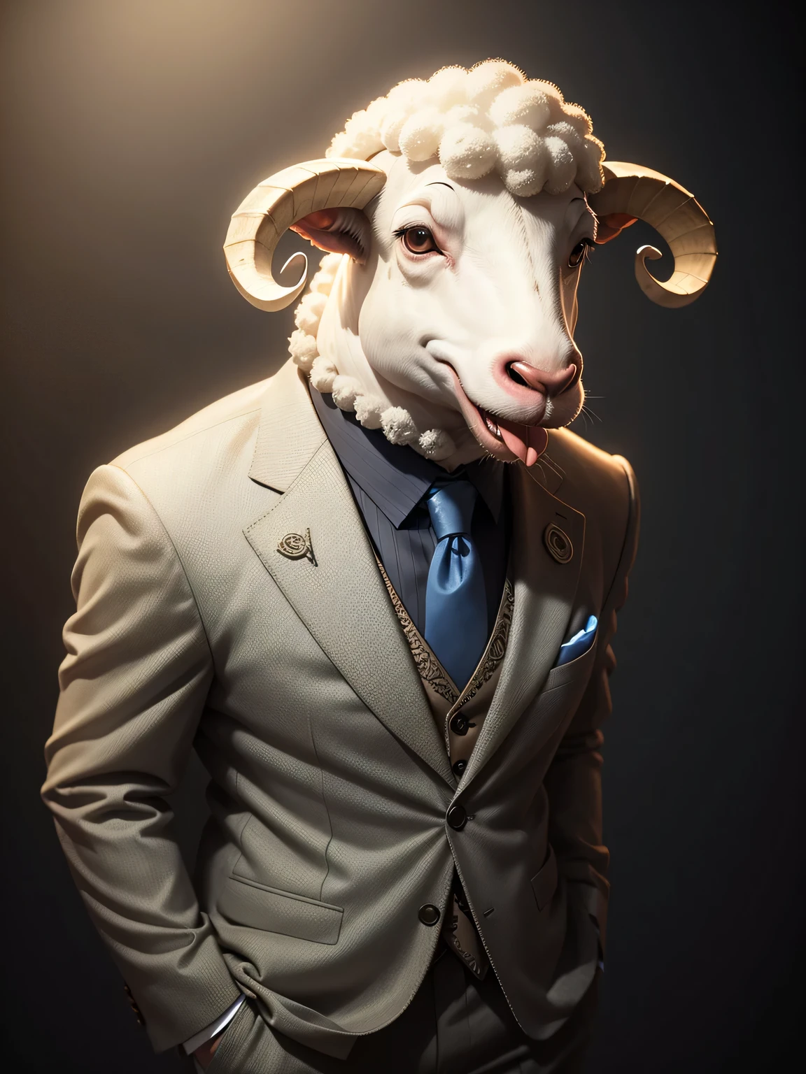 anthropomorphic sheep, dressed in a suit, sticking out tongue,(happy:1.5), roomlighting, Cinematic, hdr, primitive, Intricate, High quality, smoothing tones, Intricate details, Low contrast,(viewed from side:1.2, looking at viewer, simple background