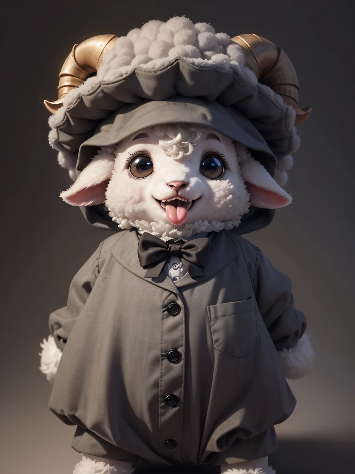 face close up photo of anthropomorphic baby sheep, dressed in a dark gray suit, (sticking out tongue),(happy:1.5), roomlighting, Cinematic, hdr, primitive, Intricate, High quality, smoothing tones, Intricate details, Low contrast,(viewed from side:1.2, looking at viewer, simple background