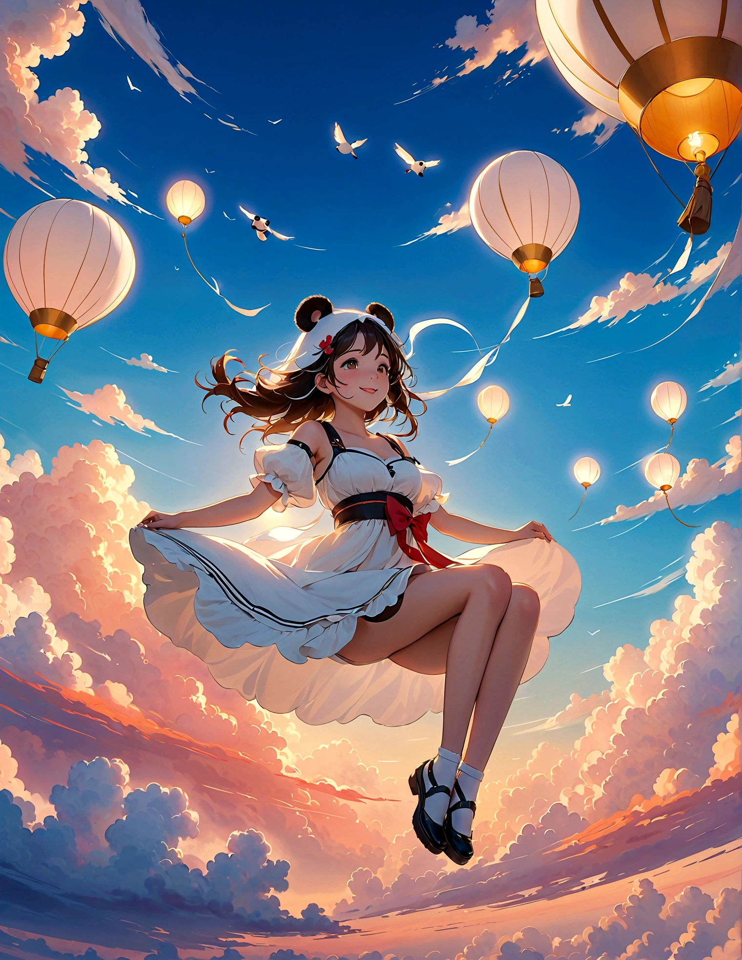 masterpiece, Top quality, Stills, A girl, (Floating in the air), cloud girl, cloud,bright, Happy, pleasure, soft light, Panda ears