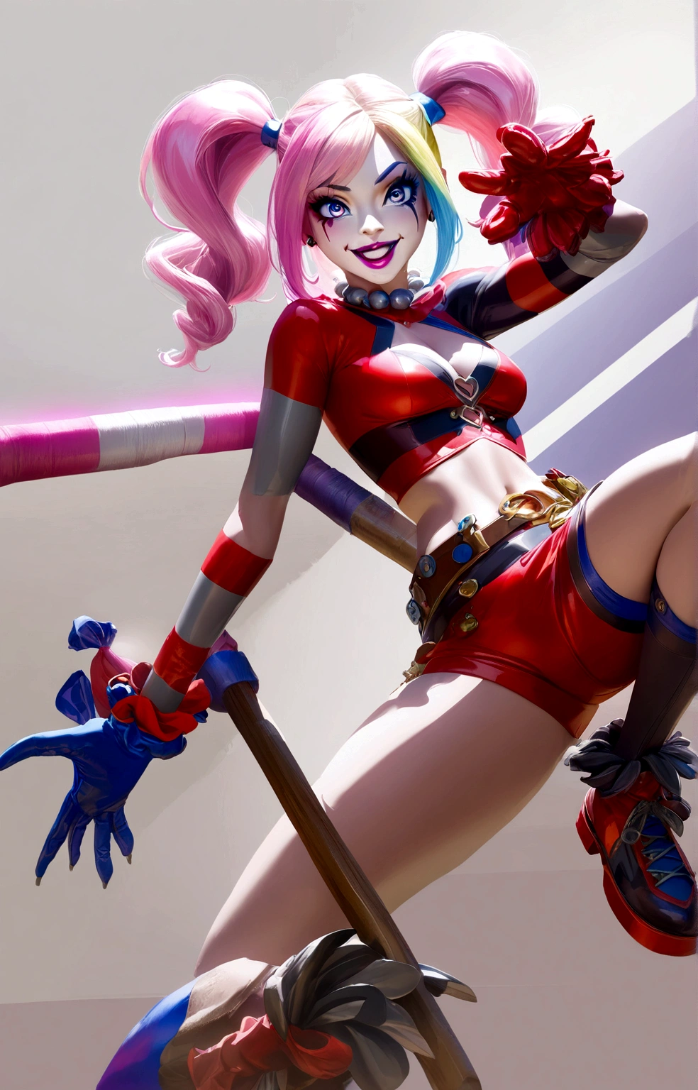 Harley Quinn, 1 girl, very aesthetic, detailed portrait, beautiful detailed eyes, beautiful detailed lips, extremely detailed face, long eyelashes, colorful outfit, red and blue pigtails, clown makeup, mischievous expression, dynamic pose, cinematic lighting, vivid colors, photorealistic, 8k, best quality, highly detailed, intricate details, concept art