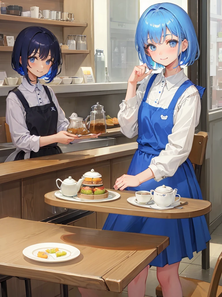Inside the cafe、Two Girls、Cafe uniform、Blue Hair、Short Hair、Have a teapot、Smile with your mouth closed、Highest品質, High definition, Ultra-fine, Highest_detailed