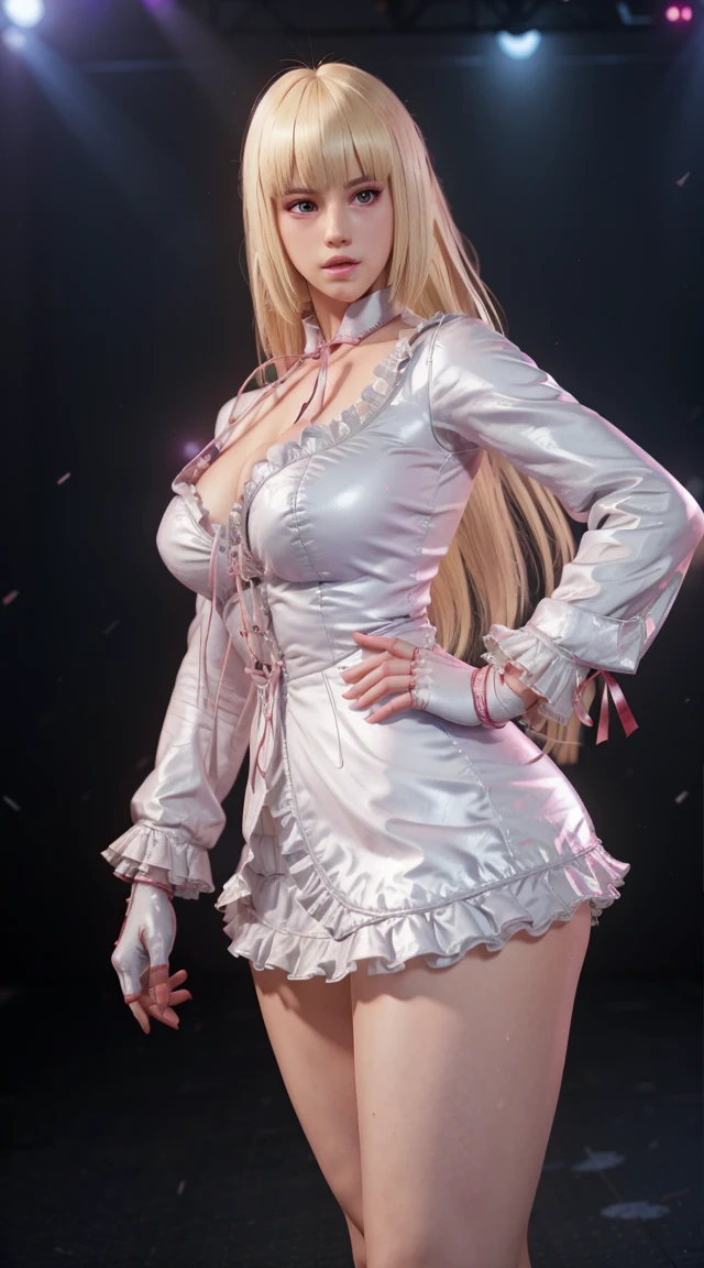 Photo of Lili from Tekken wearing white gym outfit, Nice, show breasts, huge breasts, tall, sexy legs, bursting huge breasts