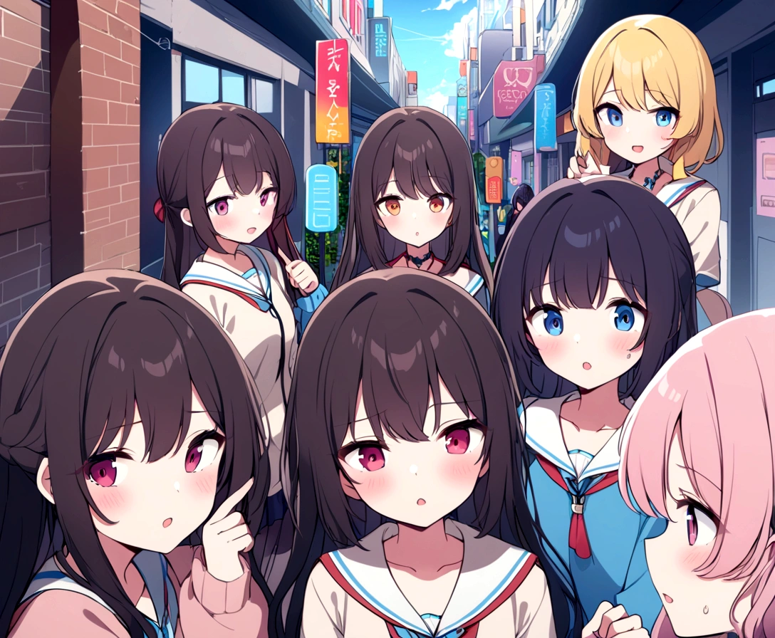 (award winning 8k concept art:1.3) of (three young woman looking up, open mouth, crowd:1.3), extremely detailed background, biting, giant zombie chibi in the background, darkness, flash, close to camera, sweet, front, epic, (masterpiece:1.4), (best quality:1.4), Amazing, beautiful, finely detailed, (Depth of field:1.4), 8k, fine art, stunning, (light reflections:1), (crisp:1.6), red twin tails, vibrant, (edge detection:1.4), absurdres, impressive, 120mm, clear, lens flare, wide shot, wide angle, scenery