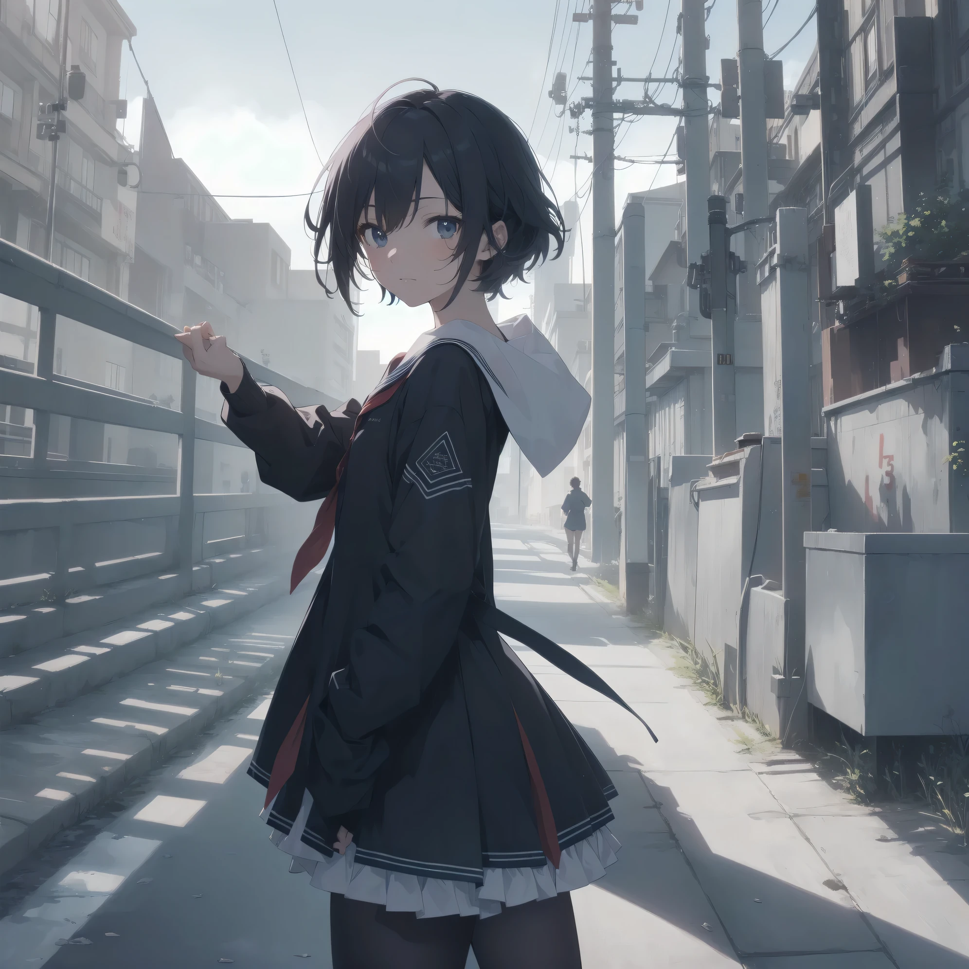 ultra-absurdres-Top quality by artist God, ultra-detailed, high resolution, anime moe artstyle, best anime 8k konachan wallpaper, pixiv contest winner, pool:2810, perfect anatomy,break, 1girl, (Please draw a girl walking sleepily to school alone. )break,(Solo,little female, -yeld:1.Full limbs, complete fingers,a junior hihort hair), short cut, flat chest, , small butt, small black eyes, beautiful detailed eyes, well-proportioned iris and pupils, expressive eyes, highres detailed hair, soft expression, salor school_uniform, sailor collar, serahuku, bow, pleated skirt,(Detailed Lighting), (Detailed background), in the School commute route. break,super detailed skin, Best cinematic lighting powered by famous artist, 8k,beauty illustration,photoshop_(medium),very aesthetic,break,((artist:neocoill )), artist:clamp ,artist:carnelian ,artist:kantoku ,