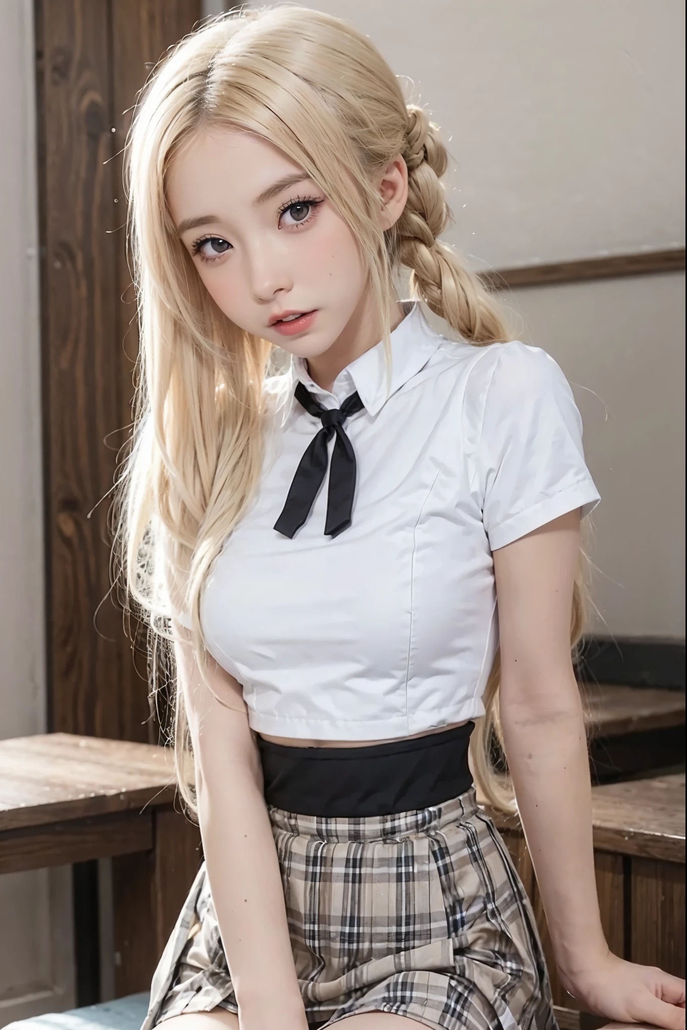 1girl,looking at viewer,school background,,small breasts,blonde,twintails,head tilt,high waist pleated skirt,