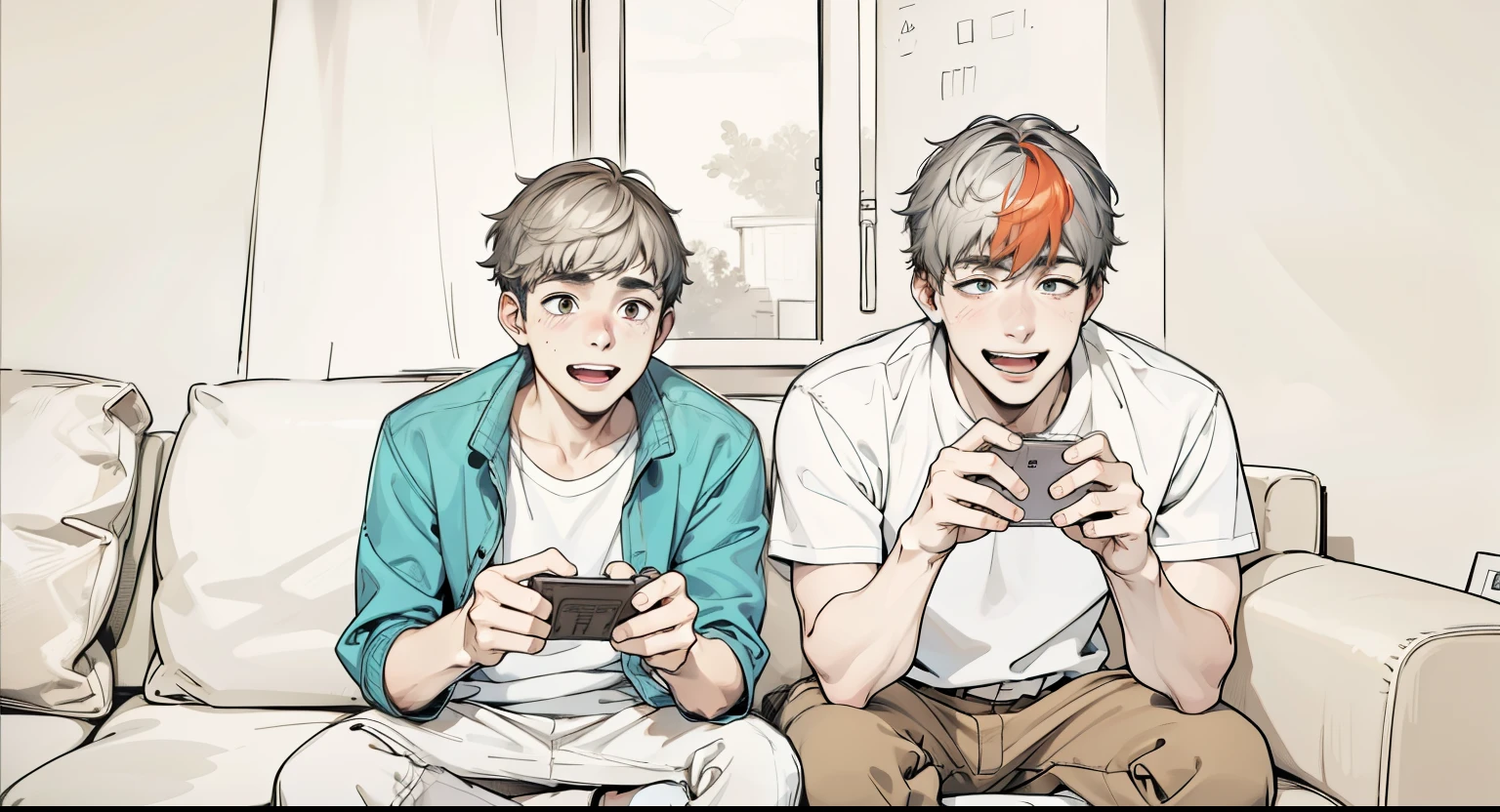 There are two handsome 18-year-old men, one of them is smiling, the other is worried and afraid.