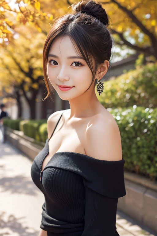 masterpiece、highest quality、(Highly detailed CG Unity 8k wallpaper)(highest quality)、(Best illustrations)、(Best Shadow) Garden Terrace、The season is summer、smile:1.1、Tree-lined avenue in autumn、woman、Gravure pose、Expressions using radiosity、Photorealistic、Upper body close-up、Hair color is black、Japan at 25、tight knit dress、cleavage 、Earrings、double bun、Off the shoulder