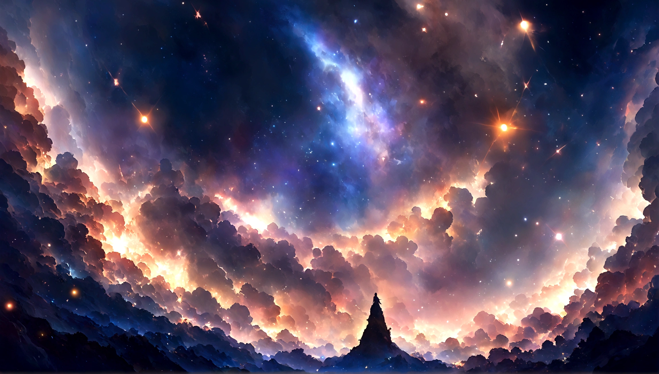 Vast landscape photography, (A view from below of the sky and wilderness below), Standing in a flower garden and looking up, (full moon: 1.2), (shooting star: 0.9), (nebula: 1.3), Distant Mountain, Treebreak Production Art, (Warm light source: 1.2), (fire Fly: 1.2), lamp, Purple and Orange, Intricate details, Volumetric Lighting Break (masterpiece: 1.2), (highest quality ), 4K, Super detailed, (moving composition: 1.4), Extremely detailed and colorful (Iridescent: 1.2), (Sparkling Lights, Atmospheric lighting), dream-like, Magic, (alone: 1.2)