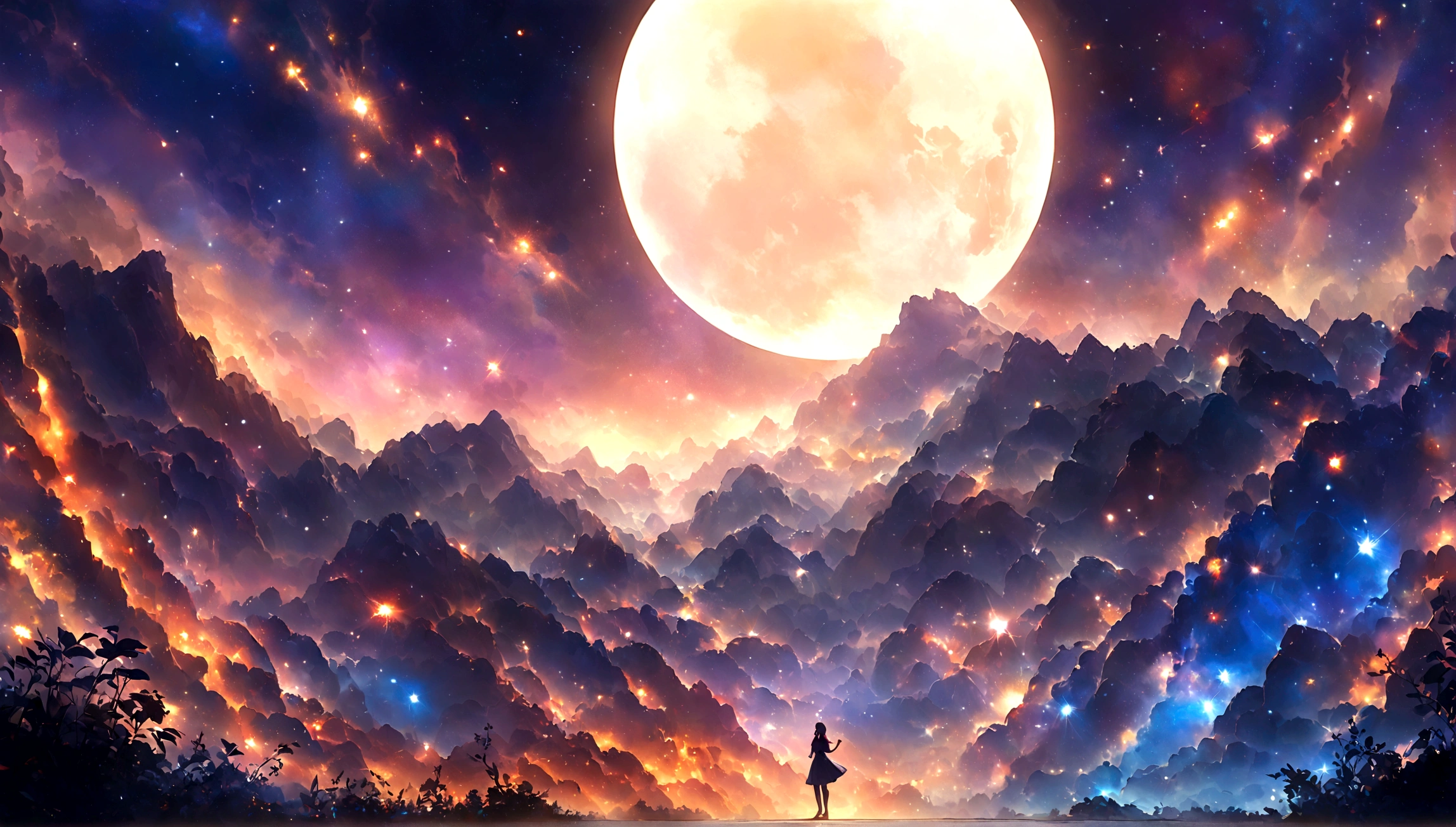 Vast landscape photography, (A view from below of the sky and wilderness below), Standing in a flower garden and looking up, (full moon: 1.2), (shooting star: 0.9), (nebula: 1.3), Distant Mountain, Treebreak Production Art, (Warm light source: 1.2), (fire Fly: 1.2), lamp, Purple and Orange, Intricate details, Volumetric Lighting Break (masterpiece: 1.2), (highest quality ), 4K, Super detailed, (moving composition: 1.4), Extremely detailed and colorful (Iridescent: 1.2), (Sparkling Lights, Atmospheric lighting), dream-like, Magic, (alone: 1.2)