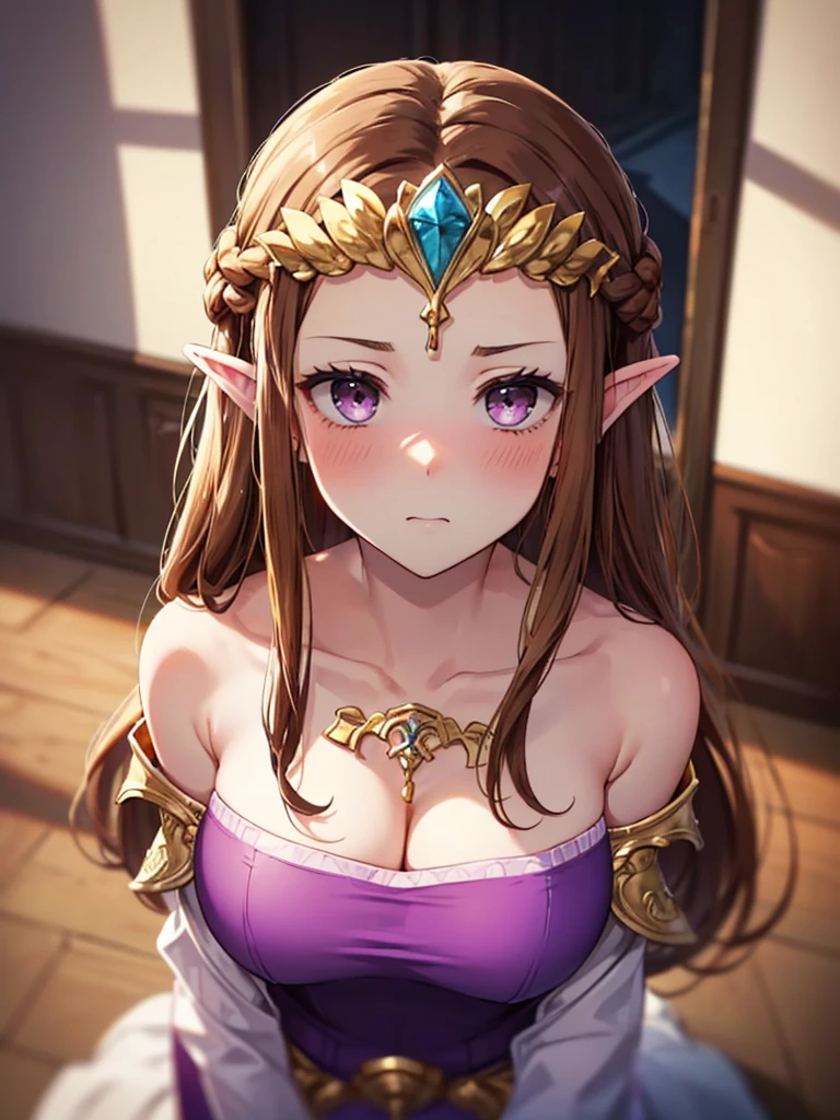 ((surprised),((Scared)),((valley)),((((Exposed shoulders)))),(((Looking up))),,(((Golden hair ornament)),,(((Long Hair)))),((Big Breasts)),((((Exposed shoulders)))),((Front Face)),Princess Zelda, ((highest quality)),,(Very detailed) ,,((Purple blouse)),Brown Hair,((Embarrassed look)),Blushing, ((highest quality)), (Very detailed), ,(((Dark brown hair))),Nintendo, (Straight hair), face,Blushing,((alone)), ((highest quality)), (Very detailed), ,