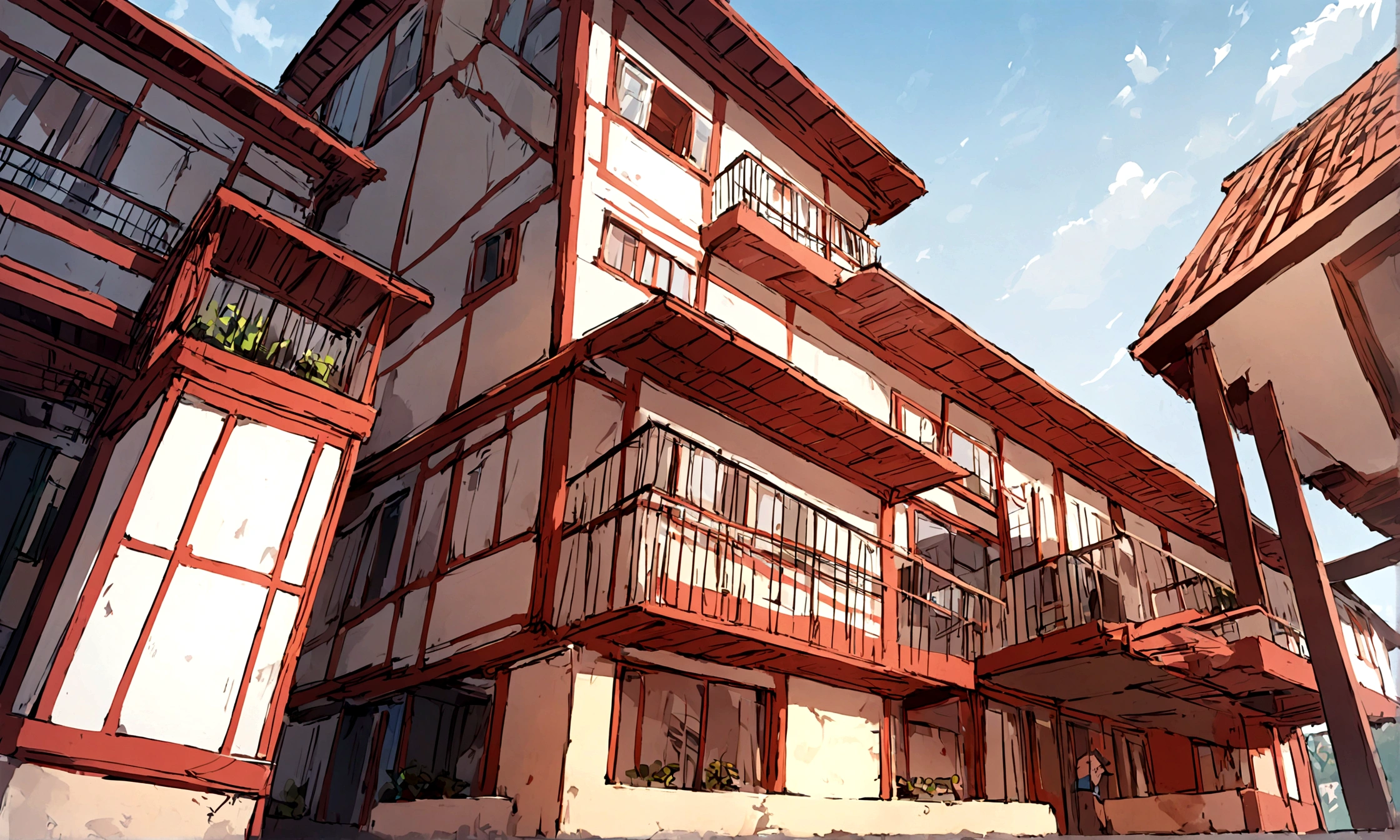 3-storey townhouse, sloping roof with red tiles, garden on the front of the 2nd floor, view from below, from afar, wide angle, morning, modern style