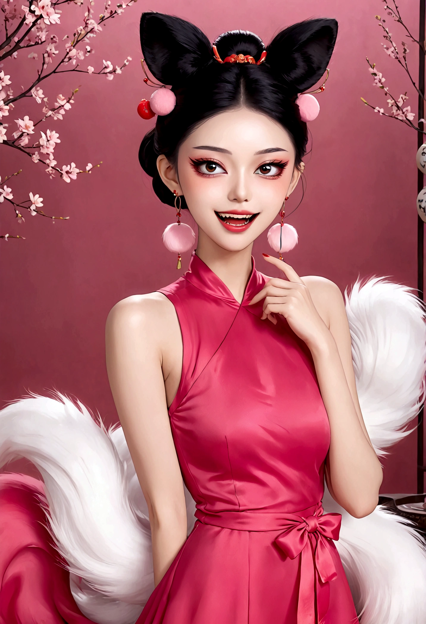 《Daji》Beautiful face，beautiful eyes，Pink Eyeshadow，laughing out loud，Fangs，(((9 big, fluffy tails)))，Black high bun，Pink pompom earrings，Sexy red sleeveless Chinese dress，Pink love bubble