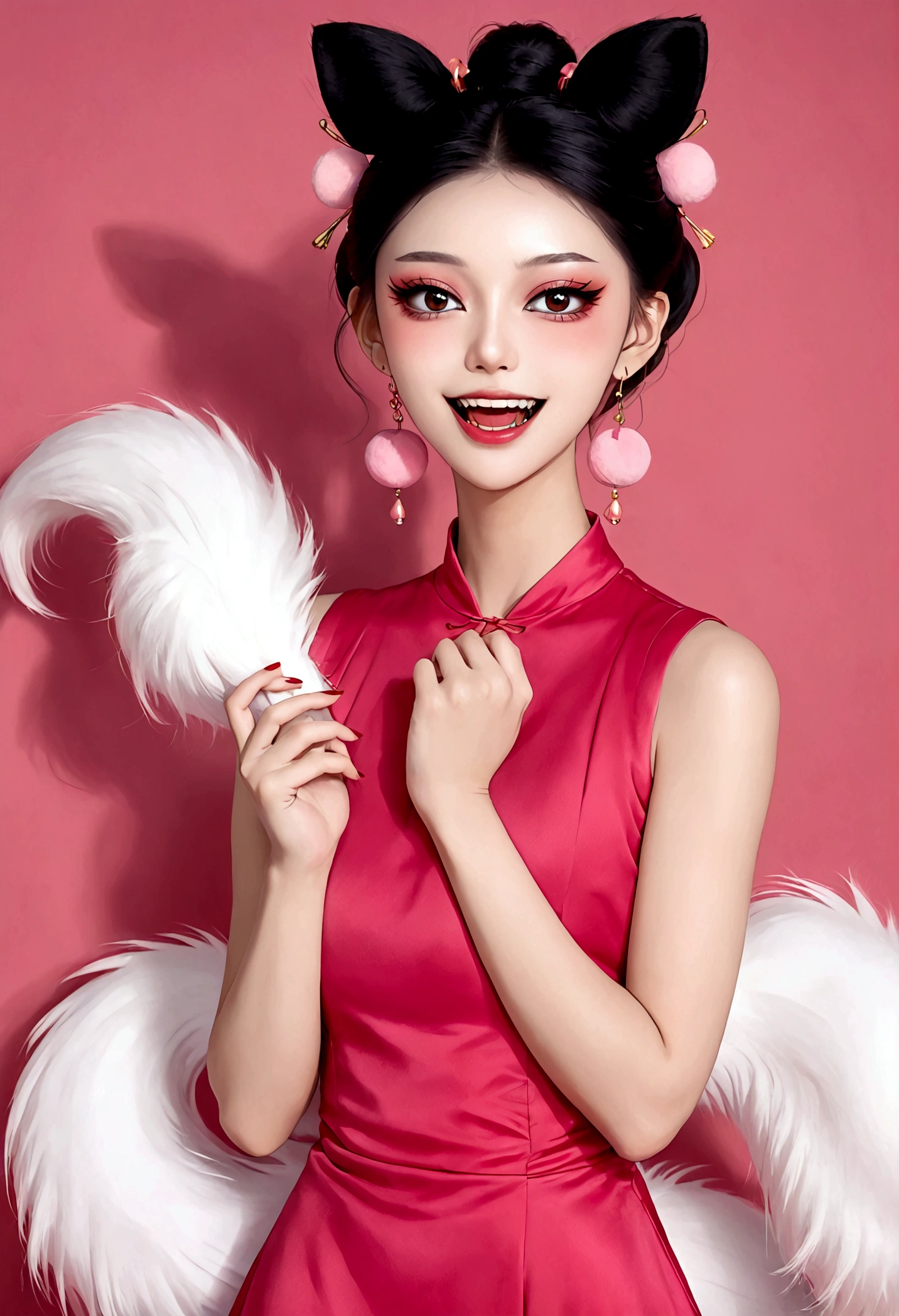 《Daji》Beautiful face,beautiful eyes,Pink Eyeshadow,laughing out loud,Fangs,(((9 big, fluffy tails))),Black high bun,Pink pompom earrings,Sexy red sleeveless Chinese dress,Pink love bubble