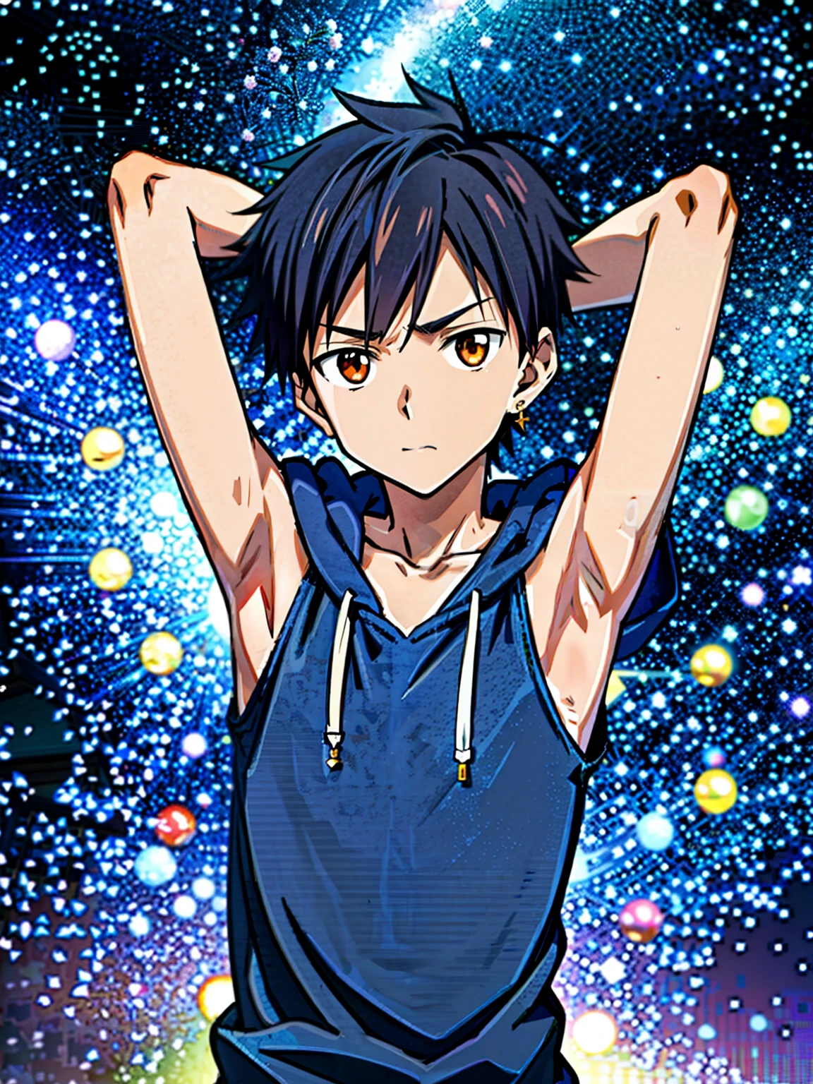 Highres, Masterpiece, Best quality at best,Best Quality,hight quality, hight detailed, anime style, 1boy, Shota, earring, seductive pose, Sleeveless hoodie, Upper body, Slim body, (Showing armpit:1.3), (very young boy), (very small and short body), -yeld bo Collarbone, Seen from front, uhd