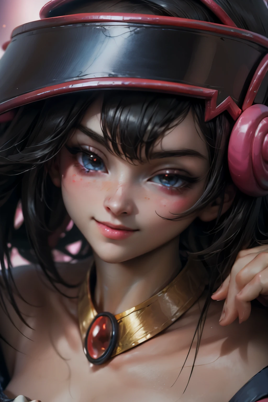 Crea el hermoso rostro de dark magician gils. Ojos azules. Labios rosados. Tes blanca. Cabello rubio. girl smile. Hombros destapados. Collar en el cuello. Rostro de gils mago oscuro 