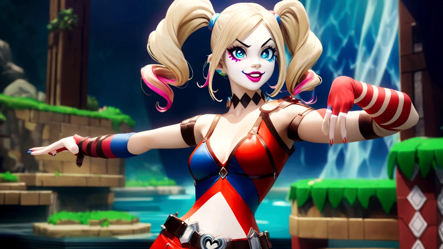 Harley Quinn, 1 girl, very aesthetic, detailed portrait, beautiful detailed eyes, beautiful detailed lips, extremely detailed face, long eyelashes, colorful outfit, red and blue pigtails, clown makeup, mischievous expression, dynamic pose, cinematic lighting, vivid colors, photorealistic, 8k, best quality, highly detailed, intricate details, concept art