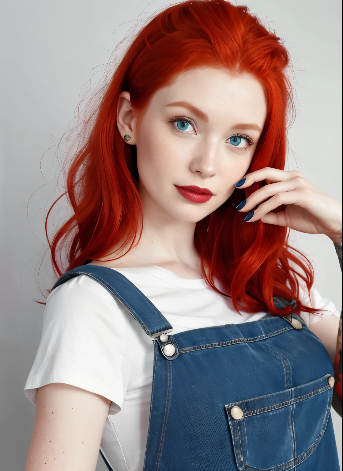 Close-up of a woman in a denim dress taking a photo, wearing Overalls, wearing blue jean Overalls, wearing dirty Overalls, Redhead girl, Anna Nikonova、Also known as New Milky, blue Overalls, Overalls, Short Redhead, she is redhead, cute young Redhead girl, brown hair and a perfect body, Perfect detail, Lacey, Beautiful redhead woman