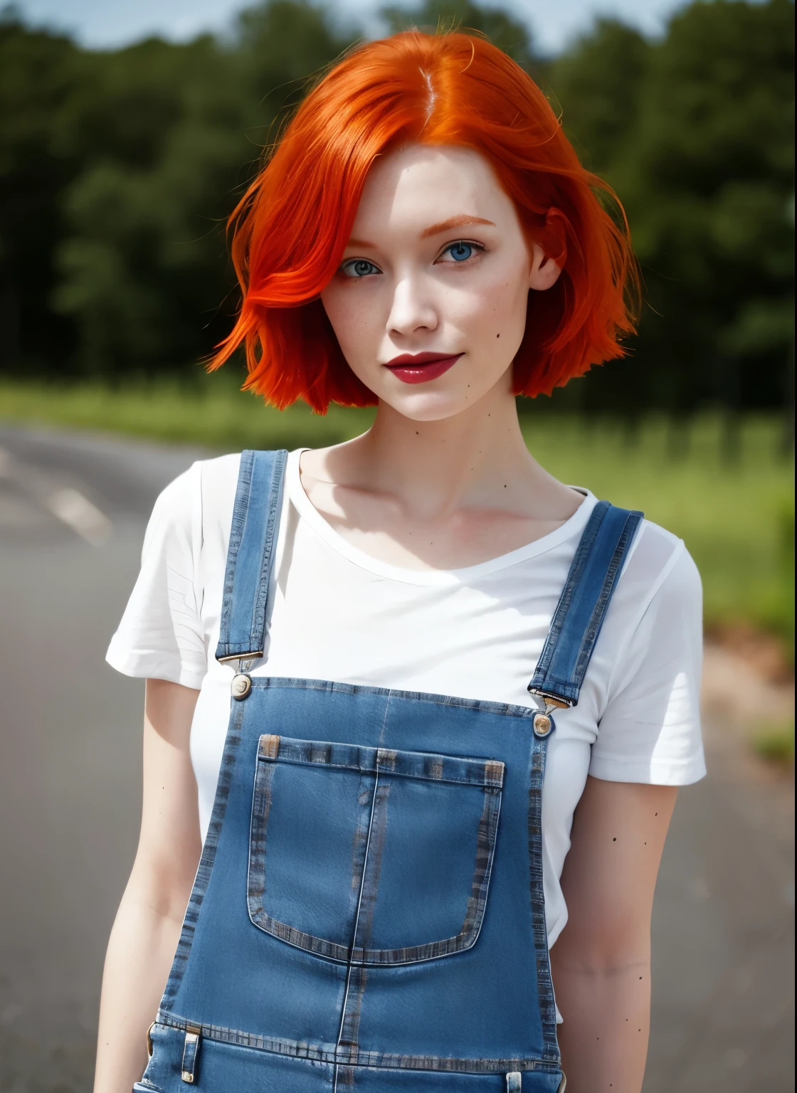 Close-up of a woman in a denim dress taking a photo, wearing Overalls, wearing blue jean Overalls, wearing dirty Overalls, Redhead girl, Anna Nikonova、Also known as New Milky, blue Overalls, Overalls, Short Redhead, she is redhead, cute young Redhead girl, brown hair and a perfect body, Perfect detail, Lacey, Beautiful redhead woman