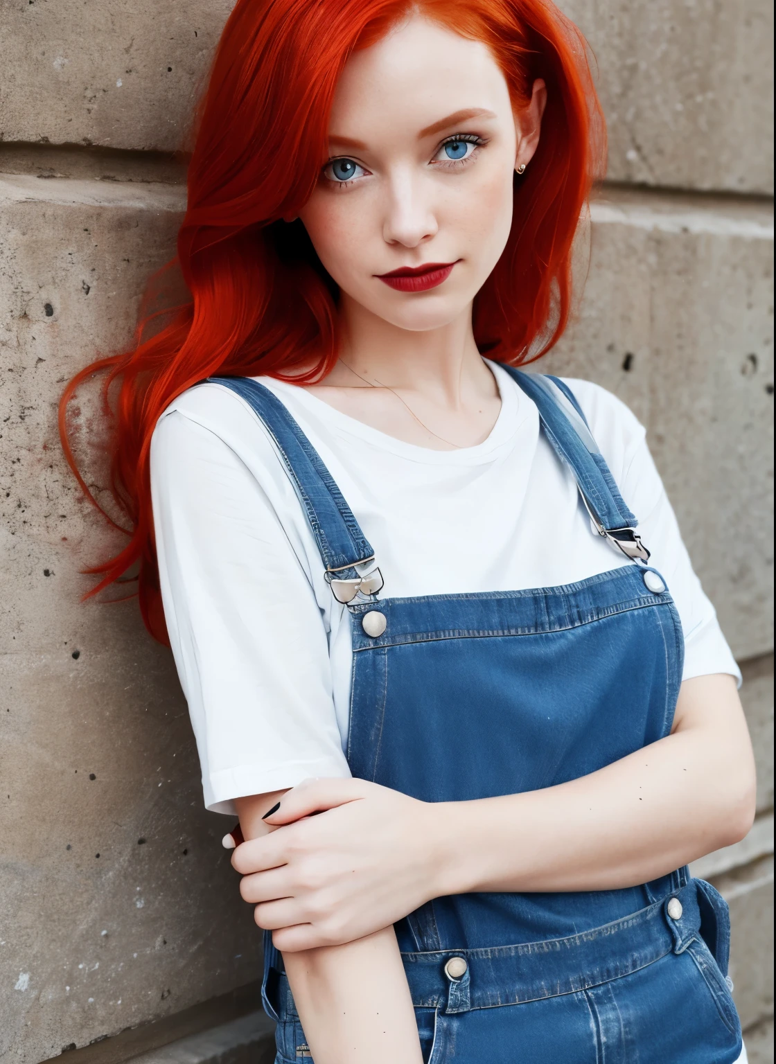 Close-up of a woman in a denim dress taking a photo, wearing Overalls, wearing blue jean Overalls, wearing dirty Overalls, Redhead girl, Anna Nikonova、Also known as New Milky, blue Overalls, Overalls, Short Redhead, she is redhead, cute young Redhead girl, brown hair and a perfect body, Perfect detail, Lacey, Beautiful redhead woman