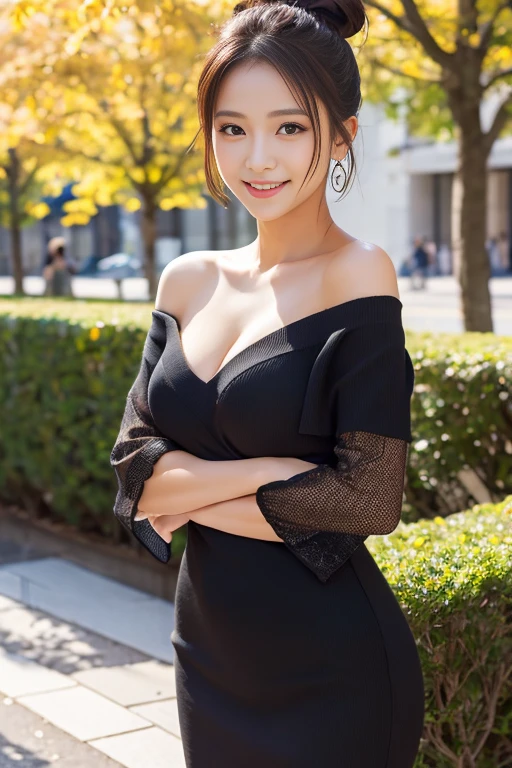 masterpiece、highest quality、(Highly detailed CG Unity 8k wallpaper)(highest quality)、(Best illustrations)、(Best Shadow) Garden Terrace、The season is summer、smile:1.1、Tree-lined avenue in autumn、woman、Gravure pose、Expressions using radiosity、Photorealistic、Upper body close-up、Hair color is black、Japan at 25、tight knit dress、cleavage 、Earrings、double bun、Off the shoulder、sheer