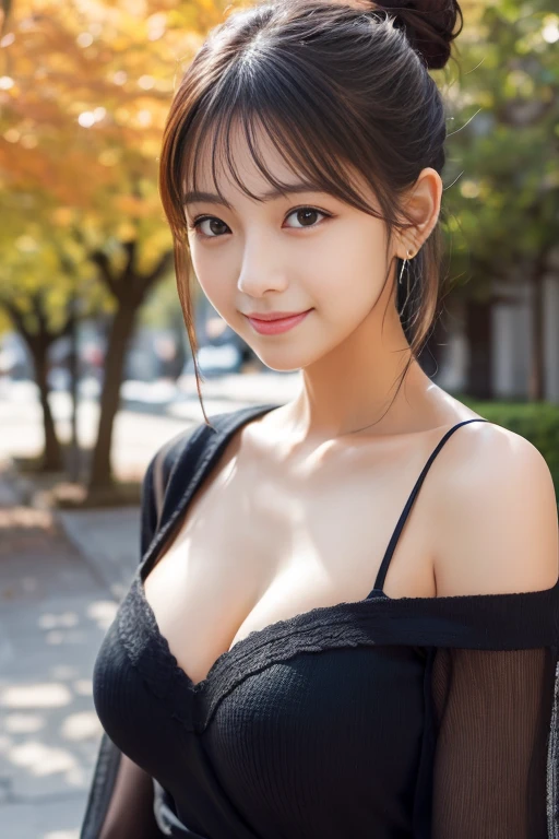 masterpiece、highest quality、(Highly detailed CG Unity 8k wallpaper)(highest quality)、(Best illustrations)、(Best Shadow) Garden Terrace、The season is summer、smile:1.1、Tree-lined avenue in autumn、woman、Gravure pose、Expressions using radiosity、Photorealistic、Upper body close-up、Hair color is black、Japan at 25、tight knit dress、cleavage 、Earrings、double bun、Off the shoulder、sheer