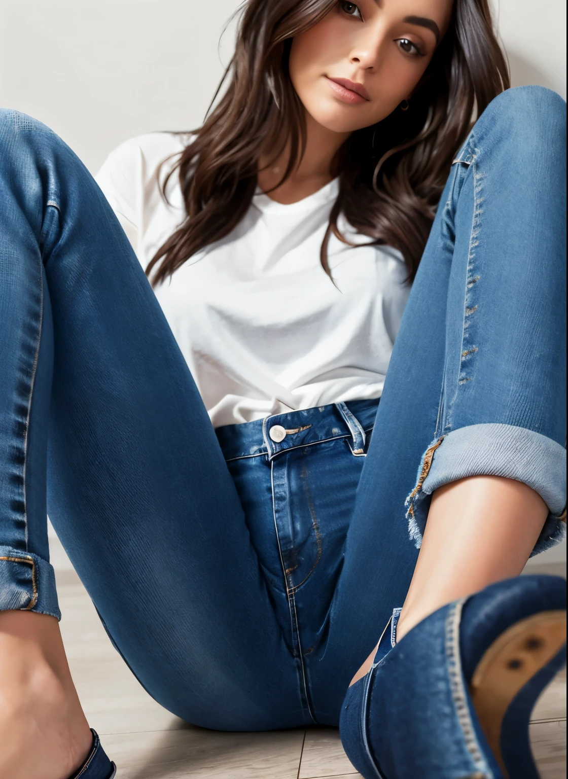 Close-up of a woman sitting on the floor with her legs crossed, I put on denim, blue jeans, blue jeans. Unreal 5, denim jeans, Double Denim, jeans, wearing jeans, Victoria's Secret Model, ブルーjeansのオーバーオールを着て, Barbara Palvin, Kate moss, wearing Double Denim, jeans pants, Beautiful Model, Nina Agdal, samara weaving