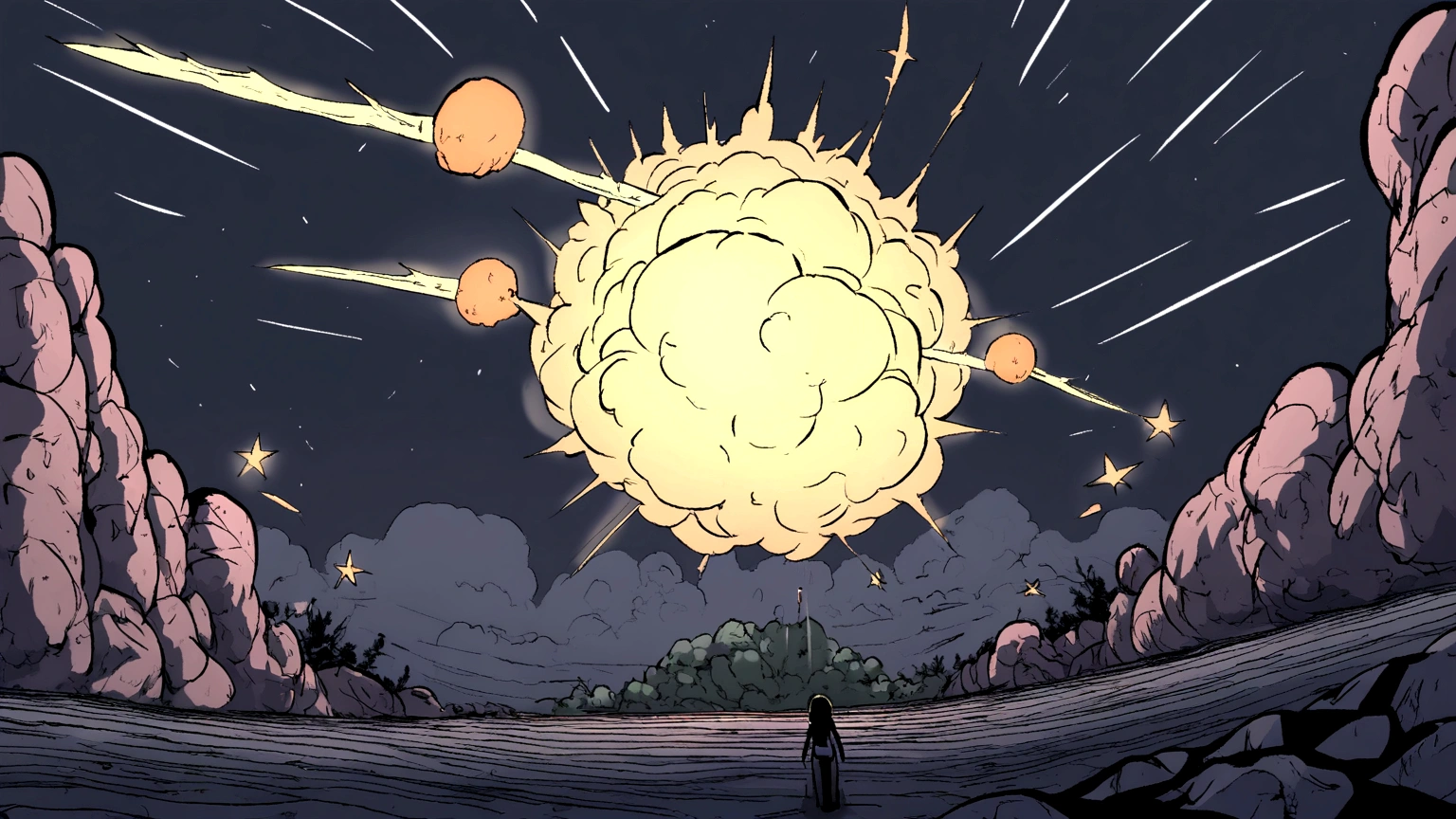 dark night with a lot of stars and a shooting star,, Usando fones de ouvido, Anime estilo 2D, Lo-fi, disco Rigido, Ambiente escuro, nuclear explosion outside