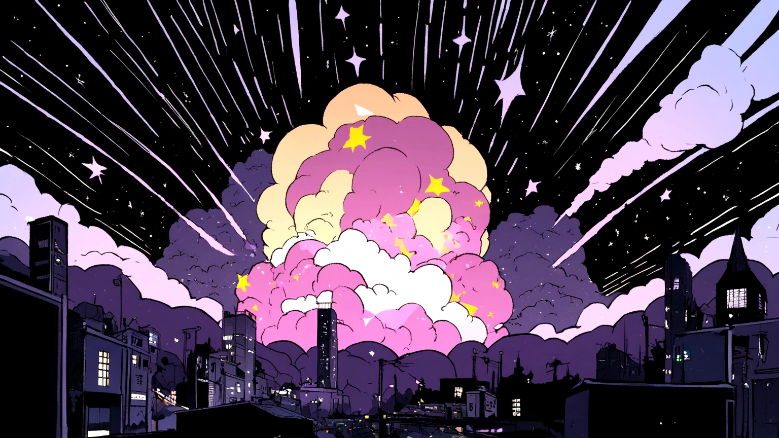 dark night with a lot of stars and a shooting star,, Usando fones de ouvido, Anime estilo 2D, Lo-fi, disco Rigido, Ambiente escuro, nuclear explosion outside