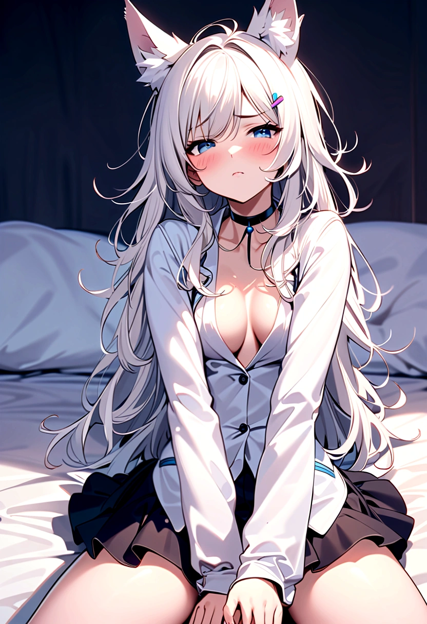 (1girl), ((mature women)), (solo), ((blue eyes)), squinted eyes, ((long hair)), ((white hair)), (wolf ears), (messy hair), headwear, (hair clips), face blush, ((pouting expression)), arms at side, choker, (white jacket), (black skirt), ((lying position:1.5)), bedroom, female focus, ((medium breasts)), ((medium thighs))