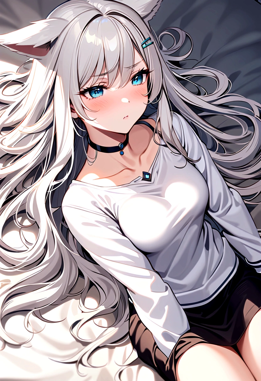 (1girl), ((mature women)), (solo), ((blue eyes)), squinted eyes, ((long hair)), ((white hair)), (wolf ears), (messy hair), headwear, (hair clips), face blush, ((pouting expression)), arms at side, choker, (white jacket), (black skirt), ((lying position:1.5)), bedroom, female focus, ((medium breasts)), ((medium thighs))