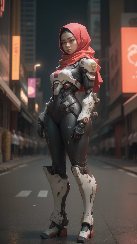 a malay teenage girl in hijab and mecha suit standing in action in front of bustling kuala lumpur malaysia city streets, serious face, nighttime, 35mm lens, Extreme close-up, pastel color grading, depth of field cinematography effect, film noir genre, 8k resolution, high quality, ultra detail